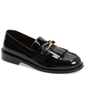 Frame Denim Black Patent Leather Loafers with Gold Detail